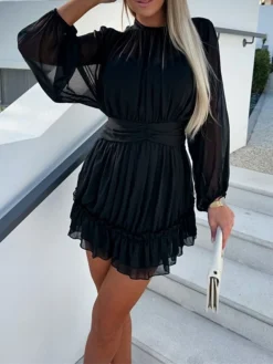 Women's Work Dress Sheath Dress Chiffon Dress Fashion Winter Dress Office Daily Mini Dress Ruched Crew Neck Long Sleeve Stripe Plain Regular Fit Black White Purple Fall Winter S M L XL -Party Prom Dresses Sales Store jzcpbk1695096217059