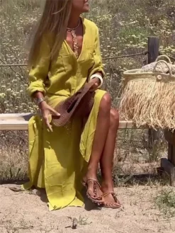 Women's Casual Dress Cotton Linen Dress Maxi Long Dress Cotton Blend Fashion Classic Outdoor Daily Vacation V Neck Button Pocket 3/4 Length Sleeve Summer Spring Fall 2023 Loose Fit Yellow Blue Purple 11 Women's Casual Dress Cotton Linen Dress Maxi Long Dress Cotton Blend Fashion Classic Outdoor Daily Vacation V Neck Button Pocket 3/4 Length Sleeve Summer Spring Fall 2023 Loose Fit Yellow Blue Purple -Party Prom Dresses Sales Store jzefrt1688457171606