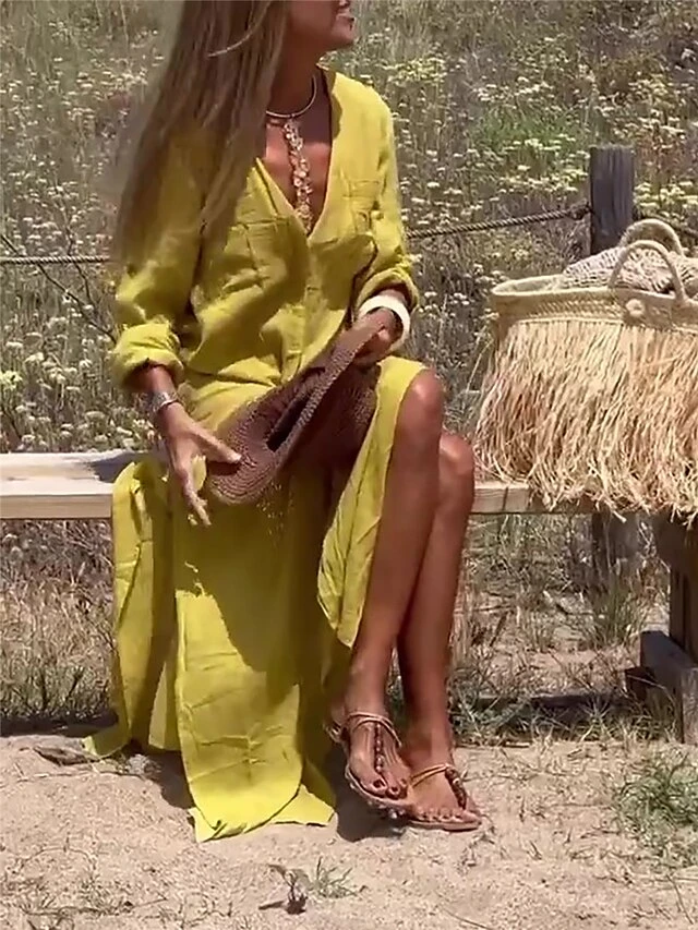 Women's Casual Dress Cotton Linen Dress Maxi Long Dress Cotton Blend Fashion Classic Outdoor Daily Vacation V Neck Button Pocket 3/4 Length Sleeve Summer Spring Fall 2023 Loose Fit Yellow Blue Purple 5 Women's Casual Dress Cotton Linen Dress Maxi Long Dress Cotton Blend Fashion Classic Outdoor Daily Vacation V Neck Button Pocket 3/4 Length Sleeve Summer Spring Fall 2023 Loose Fit Yellow Blue Purple - Image 5