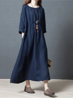 Women's Work Dress Semi Formal Dress Fashion Midi Dress Ruched Pocket Crew Neck 3/4 Length Sleeve Plain Loose Fit Dark Blue Fall Winter M L XL XXL