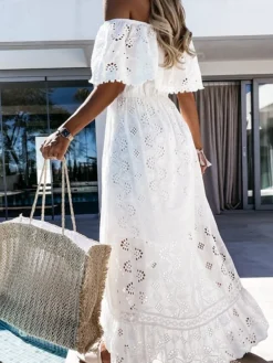 Women's Party Dress Casual Dress Swing Dress Long Dress Maxi Dress White Short Sleeve Pure Color Lace Summer Spring Off Shoulder Vacation 2023 S M L XL -Party Prom Dresses Sales Store kaelir1642500733903