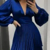 Women's Party Dress Satin Dress Swing Dress Mini Dress Claret Black Blue Long Sleeve Pure Color Pleated Fall Winter Autumn V Neck Stylish Party Winter Dress Birthday 2023 S M L XL 2XL