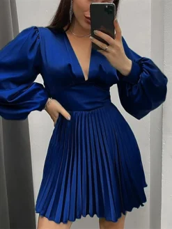 Women's Party Dress Satin Dress Swing Dress Mini Dress Claret Black Blue Long Sleeve Pure Color Pleated Fall Winter Autumn V Neck Stylish Party Winter Dress Birthday 2023 S M L XL 2XL