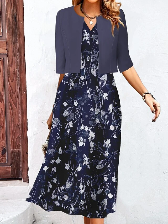 Women's Two Piece Dress Set Casual Dress Tank Dress Outdoor Daily Fashion Streetwear Pocket Print Midi Dress V Neck 3/4 Length Sleeve Floral Regular Fit Blue Green Khaki Summer Spring S M L XL XXL 4 Women's Two Piece Dress Set Casual Dress Tank Dress Outdoor Daily Fashion Streetwear Pocket Print Midi Dress V Neck 3/4 Length Sleeve Floral Regular Fit Blue Green Khaki Summer Spring S M L XL XXL - Image 4