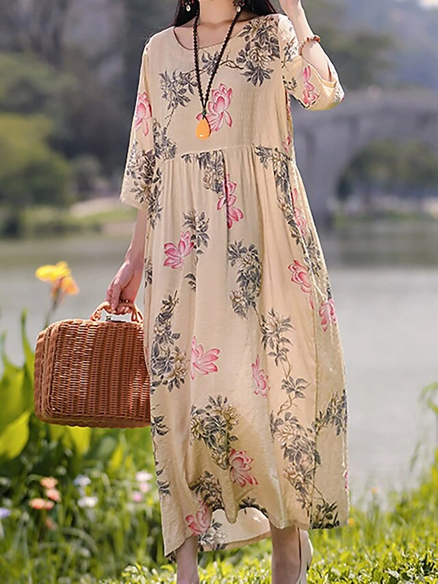 Women's Casual Dress Cotton Linen Dress Swing Dress Midi Dress Linen / Cotton Blend Sweet Style Modern Outdoor Daily Holiday Crew Neck Print 3/4 Length Sleeve Fall Winter Autumn 2023 Loose Fit Yellow 9 Women's Casual Dress Cotton Linen Dress Swing Dress Midi Dress Linen / Cotton Blend Sweet Style Modern Outdoor Daily Holiday Crew Neck Print 3/4 Length Sleeve Fall Winter Autumn 2023 Loose Fit Yellow - Image 9