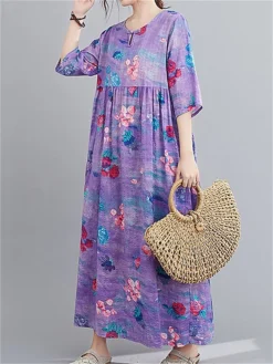 Women's Casual Dress Cotton Linen Dress Swing Dress Midi Dress Linen / Cotton Blend Sweet Style Modern Outdoor Daily Holiday Crew Neck Print 3/4 Length Sleeve Fall Winter Autumn 2023 Loose Fit Light 17 Women's Casual Dress Cotton Linen Dress Swing Dress Midi Dress Linen / Cotton Blend Sweet Style Modern Outdoor Daily Holiday Crew Neck Print 3/4 Length Sleeve Fall Winter Autumn 2023 Loose Fit Light -Party Prom Dresses Sales Store kbidpd1693553159770