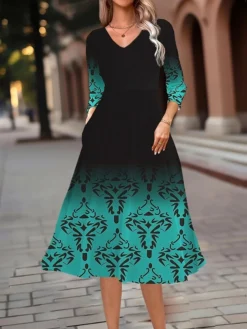 Women's Work Dress Swing Dress A Line Dress Fashion Midi Dress Pocket Print V Neck 3/4 Length Sleeve Floral Geometric Regular Fit White Blue Green Fall Winter S M L XL XXL -Party Prom Dresses Sales Store kbmsip1693374018990