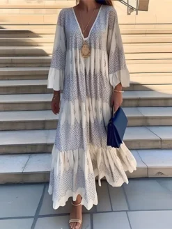 Women's Casual Dress Cotton Linen Dress Swing Dress Maxi Long Dress Polyester Fashion Modern Outdoor Daily Vacation V Neck Print 3/4 Length Sleeve Summer Spring Fall 2023 Loose Fit White Blue
