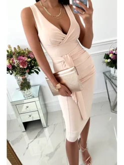 Women's Party Dress Bodycon Midi Dress Wine Red Royal Blue Sleeveless Pure Color Patchwork Summer Spring V Neck Casual 2023 S M L XL XXL