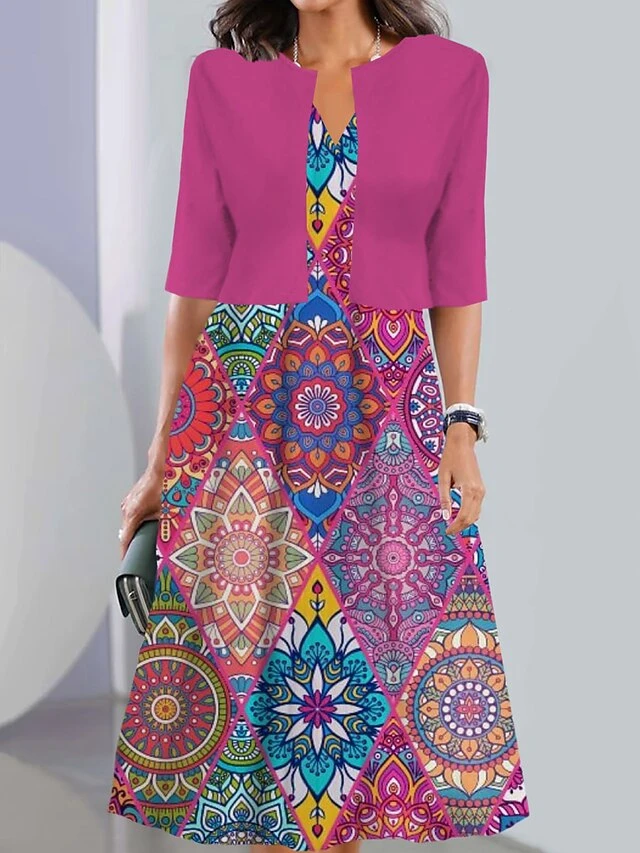 Women's Two Piece Dress Set Casual Dress Tank Dress Outdoor Daily Vintage Casual Pocket Print Midi Dress V Neck 3/4 Length Sleeve Geometric Color Block Regular Fit Black Pink Wine Summer Spring S M L 1 Women's Two Piece Dress Set Casual Dress Tank Dress Outdoor Daily Vintage Casual Pocket Print Midi Dress V Neck 3/4 Length Sleeve Geometric Color Block Regular Fit Black Pink Wine Summer Spring S M L