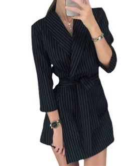 Women's Shirt Dress Casual Dress Sheath Dress Mini Dress Outdoor Office Business Polyester Classic Modern Shirt Collar Lace Up Print Long Sleeve Summer Spring Fall 2023 Loose Fit Black Striped S M L -Party Prom Dresses Sales Store kccsqm1677234553639