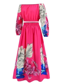 Women's Two Piece Dress Set Casual Dress Skirt Set Daily Going Out Casual Ruched Print Long Dress Maxi Dress Off Shoulder Long Sleeve Floral Regular Fit Blue Green Rose Red Fall Winter S M L XL XXL -Party Prom Dresses Sales Store kckluk1692339429123