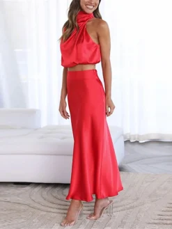 Women's Two Piece Dress Set Casual Dress Skirt Set Daily Holiday Fashion Sexy Ruched Long Dress Maxi Dress Stand Collar Sleeveless Plain Regular Fit Black White Light Green Summer Spring S M L XL -Party Prom Dresses Sales Store kcluwb1690857200050