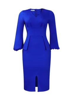 Women's Work Dress Sheath Dress Black Dress Fashion Puff Sleeve Midi Dress Ruched Split V Neck Long Sleeve Plain Regular Fit Black White Red Fall Winter S M L XL XXL -Party Prom Dresses Sales Store kcnulp1693206402907