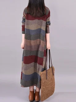 Women's Casual Dress Cotton Linen Dress Loose Dress Midi Dress Cotton Basic Classic Outdoor Daily Vacation Crew Neck Print Long Sleeve Spring Fall Winter 2023 Loose Fit Wine Brown Striped M L XL 2XL -Party Prom Dresses Sales Store kcqxun1692778408944
