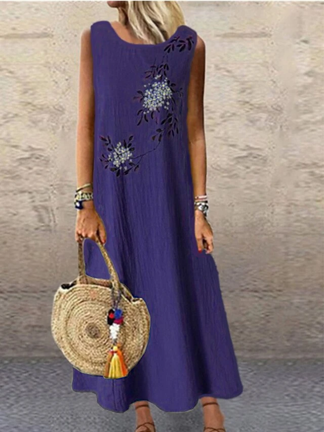 Women's Casual Dress Cotton Dress A Line Dress Maxi Long Dress Cotton Blend Basic Modern Outdoor Daily Vacation Crew Neck Print Sleeveless Summer Spring 2023 Loose Fit Blue Green Gray Flower M L XL 3 Women's Casual Dress Cotton Dress A Line Dress Maxi Long Dress Cotton Blend Basic Modern Outdoor Daily Vacation Crew Neck Print Sleeveless Summer Spring 2023 Loose Fit Blue Green Gray Flower M L XL - Image 3