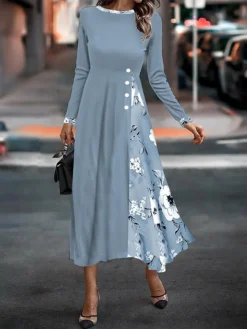 Women's Work Dress Casual Dress Semi Formal Dress Fashion Winter Dress Daily Midi Dress Print Crew Neck Long Sleeve Floral Slim Pink Blue Gray Fall Winter S M L XL XXL -Party Prom Dresses Sales Store kcyjeb1694750413935