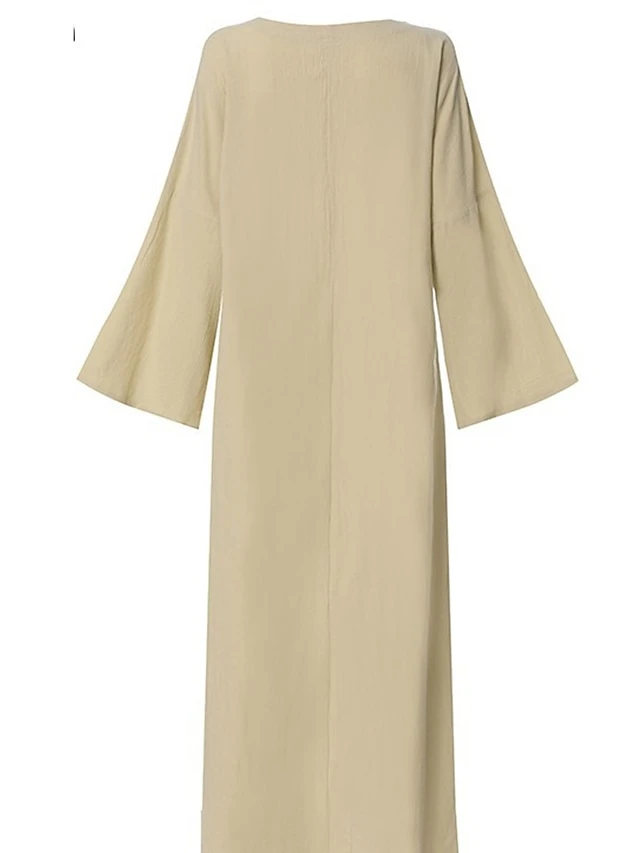 Women's Casual Dress Cotton Linen Dress White Dress Maxi Long Dress Cotton Blend Basic Casual Outdoor Daily Crew Neck Split Long Sleeve Spring Fall Autumn 2023 Loose Fit White Khaki Pure Color S M L 5 Women's Casual Dress Cotton Linen Dress White Dress Maxi Long Dress Cotton Blend Basic Casual Outdoor Daily Crew Neck Split Long Sleeve Spring Fall Autumn 2023 Loose Fit White Khaki Pure Color S M L - Image 5