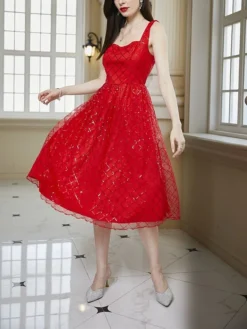 Women‘s Party Dress Homecoming Dress Cocktail Dress Midi Dress Red Sleeveless Pure Color Sparkly Glitter Sequins Summer Spring Fall Spaghetti Strap Fashion Wedding Guest Vacation Summer Dress -Party Prom Dresses Sales Store keniyu1690857834232