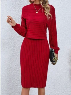 Women's Two Piece Dress Set Casual Dress Skirt Set Outdoor Daily Active Fashion Ribbed Midi Dress Turtleneck Long Sleeve Plain Loose Fit Black Wine Gray Fall Winter S M L XL XXL -Party Prom Dresses Sales Store keztef1693294053139