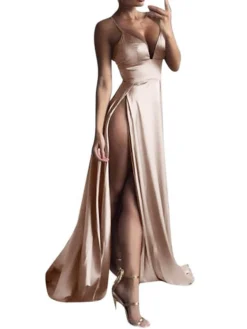 Women's Party Dress Satin Dress Emerald Green Dress Long Dress Maxi Dress White Pink Wine Sleeveless Pure Color Split Summer Spring Spaghetti Strap Elegant Party Vacation Spring Dress 2023 S M L XL