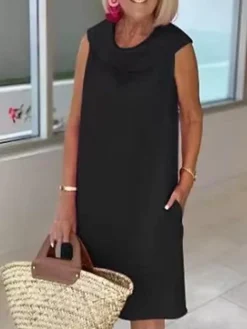 Women's Casual Dress Cotton Linen Dress Shift Dress Midi Dress Cotton Blend Fashion Basic Outdoor Daily Vacation Cowl Neck Pocket Sleeveless Summer Spring 2023 Loose Fit Black Yellow Pink Plain S M L -Party Prom Dresses Sales Store kgukkh1682401168889