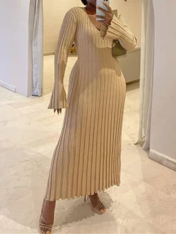 Women's Sweater Dress Jumper Dress Casual Dress Long Dress Maxi Dress Active Pure Color Outdoor Casual Holiday Vacation V Neck Long Sleeve Ruched 2023 Regular Fit Black White Apricot S M L