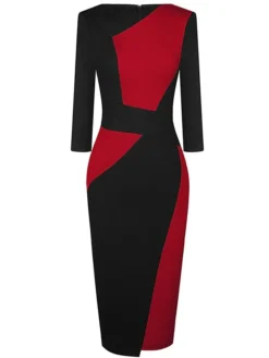 Women's Work Dress Sheath Dress Semi Formal Dress Fashion Midi Dress Patchwork V Neck 3/4 Length Sleeve Color Block Regular Fit Black Red Navy Blue Fall Winter S M L XL XXL -Party Prom Dresses Sales Store khpmcc1692610643029