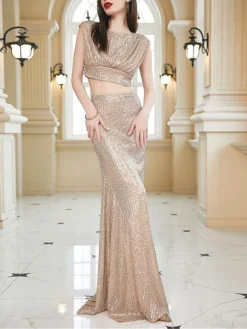 Women's Two Piece Dress Set Party Dress Skirt Set Party Wedding Guest Fashion Elegant Sequin Long Dress Maxi Dress Crew Neck Sleeveless Plain Regular Fit Apricot Summer Spring S M L XL -Party Prom Dresses Sales Store khqkeb1690274869584