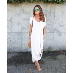 Women's T Shirt Dress Tee Dress Long Dress Maxi Dress Wine Red Green Black Short Sleeve Pure Color Pocket Spring Summer V Neck S M L XL 2XL 3XL 4XL 5XL -Party Prom Dresses Sales Store khwrvg1603968413309