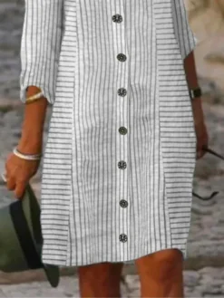 Women's Shirt Dress Casual Dress Cotton Linen Dress Midi Dress Cotton Blend Modern Casual Outdoor Daily Vacation Shirt Collar Button Print 3/4 Length Sleeve Summer Spring Fall 2023 Regular Fit Gray -Party Prom Dresses Sales Store kibfhu1687931085738