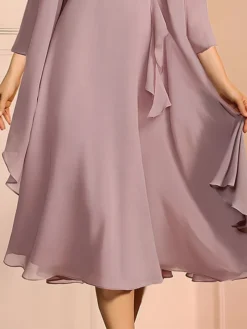 Women's Two Piece Dress Set Casual Dress Lace Dress Outdoor Daily Fashion Elegant Lace Ruffle Midi Dress Crew Neck 3/4 Length Sleeve Plain Regular Fit Purple Summer Spring S M L XL XXL -Party Prom Dresses Sales Store kiejiv1690945119249