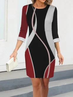 Women's Work Dress Casual Dress Sheath Dress Fashion Winter Dress Office Daily Midi Dress Print Crew Neck 3/4 Length Sleeve Geometric Color Block Regular Fit Red Blue Green Fall Winter S M L XL XXL