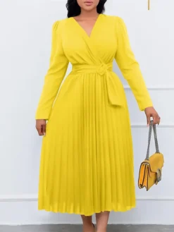 Women's Work Dress Sheath Dress Swing Dress Fashion Winter Dress Office Daily Midi Dress Lace Up Pleated V Neck Long Sleeve Plain Regular Fit Black Yellow Pink Fall Winter S M L XL XXL -Party Prom Dresses Sales Store kimxaw1695027368631