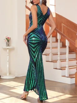 Women‘s Prom Dress Party Dress Sequin Dress Long Dress Maxi Dress Black Pink Gold Sleeveless Color Block Sequins Sparkly Glitter Fall Autumn V Neck Fashion Winter Dress Vacation Fall Dress -Party Prom Dresses Sales Store kiwbwi1694662698725