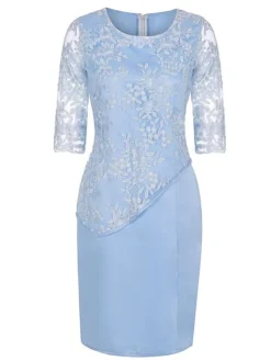 Women‘s Party Dress Wedding Guest Dress Lace Dress Sheath Dress Midi Dress Red Blue Dark Blue Half Sleeve Pure Color Lace Fall Spring Autumn Crew Neck Evening Party Spring Dress Loose Fit 2023 S M L -Party Prom Dresses Sales Store kjndcc1645778277908