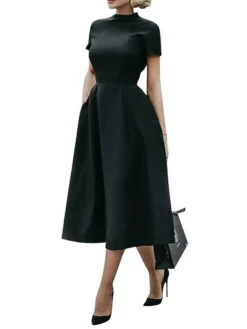 Women‘s Party Dress Cocktail Dress Work Dress Black Dress Midi Dress White Blue Short Sleeve Pure Color Ruched Summer Spring Fall Stand Collar Vintage Office Wedding Guest Birthday -Party Prom Dresses Sales Store kjxowe1627897044302