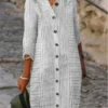 Women's Shirt Dress Casual Dress Cotton Linen Dress Midi Dress Cotton Blend Modern Casual Outdoor Daily Vacation Shirt Collar Button Print 3/4 Length Sleeve Summer Spring Fall 2023 Regular Fit Gray