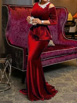 Women's Prom Dress Party Dress Velvet Dress Long Dress Maxi Dress Black Wine Blue 3/4 Length Sleeve Pure Color Ruffle Fall Winter Autumn Crew Neck Fashion Winter Dress Birthday Evening Party 2023 S M -Party Prom Dresses Sales Store klgndj1693897491254