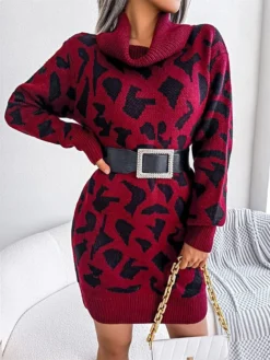 Women's Sweater Dress Jumper Dress Casual Dress Mini Dress Fashion Leopard Outdoor Daily Going Out Turtleneck Long Sleeve 2023 Loose Fit Black Wine Khaki S M L -Party Prom Dresses Sales Store kloblk1694756290359