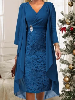Women's Two Piece Dress Set Casual Dress Lace Dress Outdoor Daily Fashion Elegant Lace Patchwork Midi Dress V Neck Long Sleeve Plain Regular Fit Wine Blue Sky Blue Fall Winter S M L XL XXL -Party Prom Dresses Sales Store klqjjr1696996490555