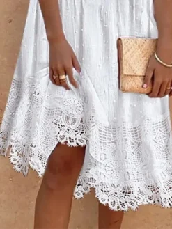 Women's Cotton Linen Dress Casual Dress Midi Dress Cotton Blend Fashion Modern Outdoor Daily Vacation V Neck Lace Half Sleeve Summer Spring Fall 2023 Loose Fit White Plain S M L XL 2XL -Party Prom Dresses Sales Store klslwu1679378952289