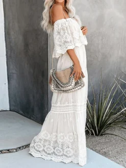 Women's Long Dress Maxi Dress Party Dress Lace Dress Swing Dress Floral Fashion Elegant Dress Daily Vacation Going Out Lace Mesh Half Sleeve Off Shoulder Dress Slim White Summer Spring S M L XL -Party Prom Dresses Sales Store klvizh1672990406106
