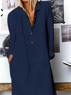 Women‘s Casual Dress Shirt Dress Shift Dress Midi Dress Yellow Navy Blue White Long Sleeve Pure Color Button Winter Fall Spring Shirt Collar Basic Winter Dress Daily Vacation 2023 S M L XL XXL 3XL -Party Prom Dresses Sales Store kmmesj1666942861252