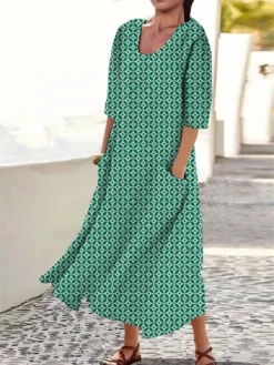 Women's Casual Dress Cotton Linen Dress Midi Dress Polyester Fashion Casual Daily Outdoor Daily Vacation Crew Neck Pocket Print Half Sleeve Summer Spring Fall 2023 Loose Fit Light Green Royal Blue -Party Prom Dresses Sales Store kmmyhl1690365424002