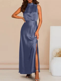 Women's Prom Dress Party Dress Satin Dress Long Dress Maxi Dress Black Light Green Wine Sleeveless Pure Color Split Summer Spring Stand Collar Fashion Evening Party Wedding Guest Vacation Loose Fit