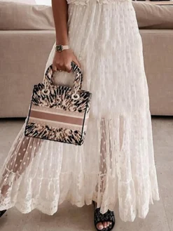 Women's Long Dress Maxi Dress Party Dress Casual Dress White Dress Polka Dot Basic Modern Outdoor Daily Holiday Lace Ruched Short Sleeve V Neck Dress Loose Fit White Summer Spring S M L XL XXL -Party Prom Dresses Sales Store koenuh1676863508457