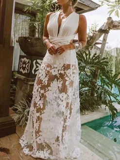 Women's Party Dress Lace Dress White Dress Long Dress Maxi Dress White Sleeveless Pure Color Lace Summer Spring V Neck Party Vacation Summer Dress Slim 2023 S M L XL