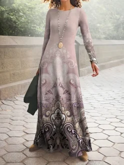 Women's Work Dress Casual Dress A Line Dress Fashion Winter Dress Daily Long Dress Maxi Dress Print Crew Neck Long Sleeve Floral Ombre Regular Fit Blue Purple Green Fall Winter S M L XL XXL