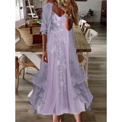 Women's Two Piece Dress Set Casual Dress Lace Dress Outdoor Daily Fashion Elegant Lace Ruffle Long Dress Maxi Dress V Neck 3/4 Length Sleeve Floral Plain Loose Fit Pink Light Purple Summer Spring S M -Party Prom Dresses Sales Store kowfjn1684292996193